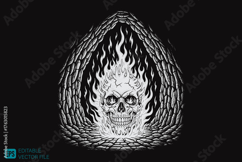 Skull engulfed in flames emerging from a dark cave opening.
