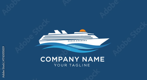 Cruise ship logo design with ocean waves and sun.