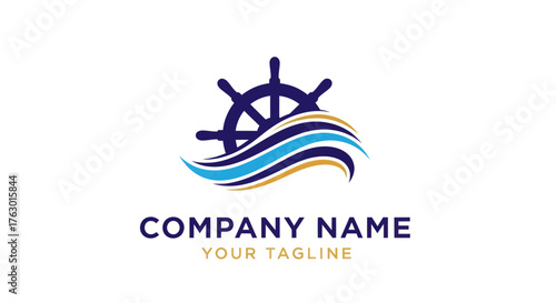 Nautical Logo Featuring Ship Wheel and Waves for Maritime Business.