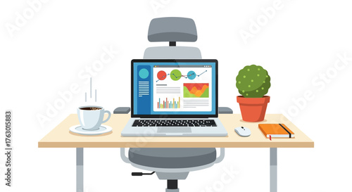 Office Desk with Laptop, Coffee, and Plant Illustration