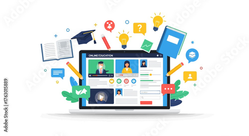 Online Education Laptop with Learning Icons and Video Conference Interface