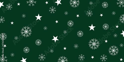 Seamless pattern green christmas background, snowflakes and stars vector texture.