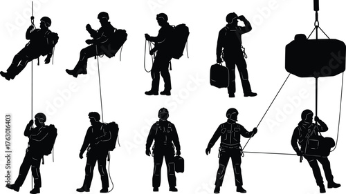 Rescue Team People Silhouettes Set, Rope Work, Mountaineering, Emergency Services, Rappelling Vector Graphic Illustration
