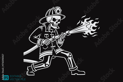 Skeleton Firefighter Extinguishing Flames with Hose in Dynamic P