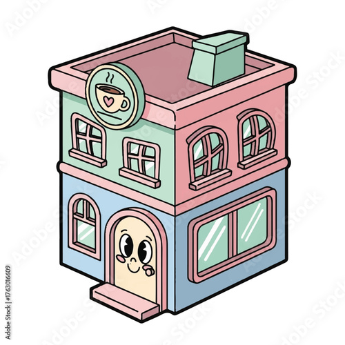 vector illustration of a cute caffe house with pink, blue, green color
