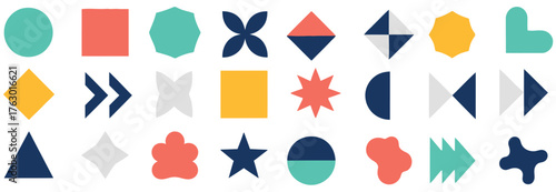 Modern Flat Geometric and Abstract Shapes Icon Set. Colorful Vector Collection for Branding, Logo, Web Design, and Graphic Elements.