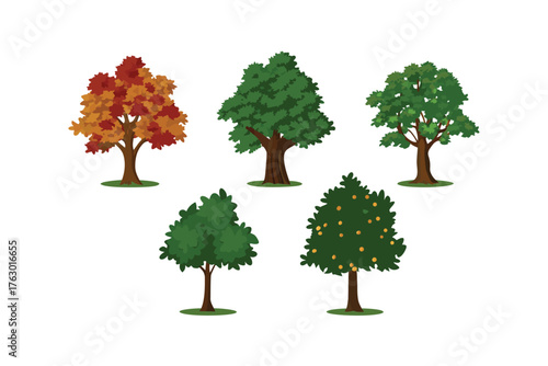 A Symphony of Trees: A collection of various trees showcase diverse forms, ranging from autumnal hues to vibrant green foliage, each standing tall and proud.