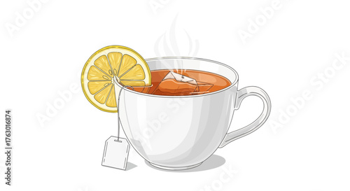 Steaming Cup of Tea with Lemon Slice and Tea Bag