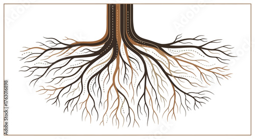 Stylized tree trunk depicted as a road leading to an intricate, sprawling root system.