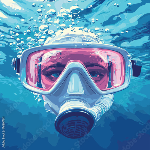 A close-up view of a snorkel mask submerged underwater, surrounded by bubbles, showcasing the clarity of the mask and the vibrant aquatic environment.   , vector style simple color