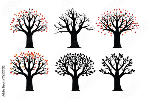 Varied Trees Silhouettes: a compilation of unique tree silhouettes, showcasing diverse shapes and forms of nature's majestic creations.
