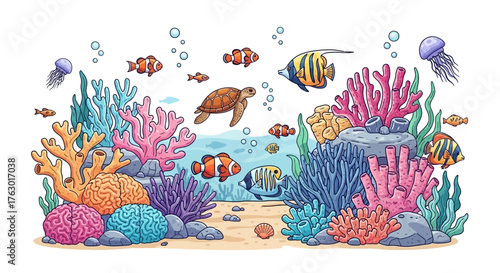 Vibrant cartoon coral reef with tropical fish, a sea turtle, and jellyfish