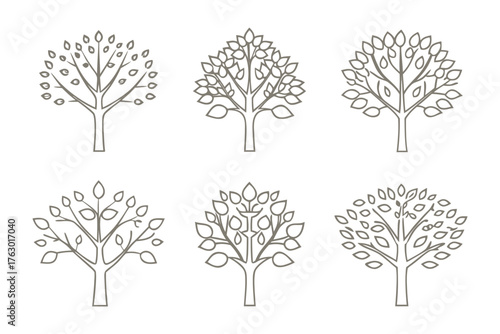 Ornate Line Art Trees: A collection of six intricately designed trees, each with its own unique silhouette, showcasing the diverse beauty of nature through simple yet elegant line art. 