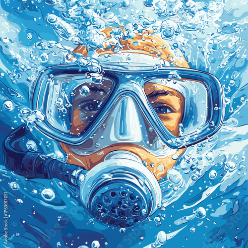 A close-up view of a snorkel mask submerged underwater, surrounded by bubbles, showcasing the clarity of the mask and the vibrant aquatic environment.   , vector style simple color