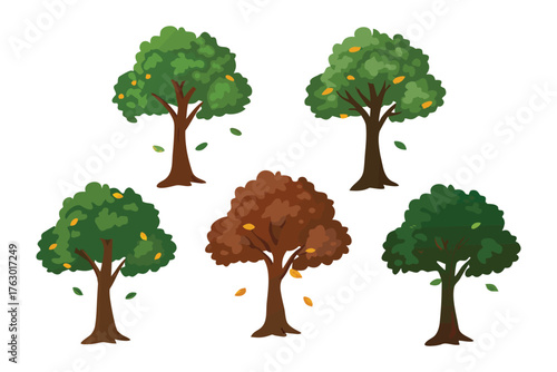 Five Trees of Seasons: An illustration of five trees representing the different seasons, with varying leaf colors, showcasing the beauty of the cycle of life and nature's transition.
