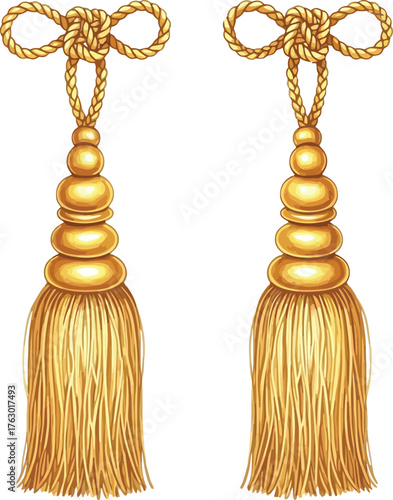 Pair of Luxurious Golden Tassels with Cord Knot Vector