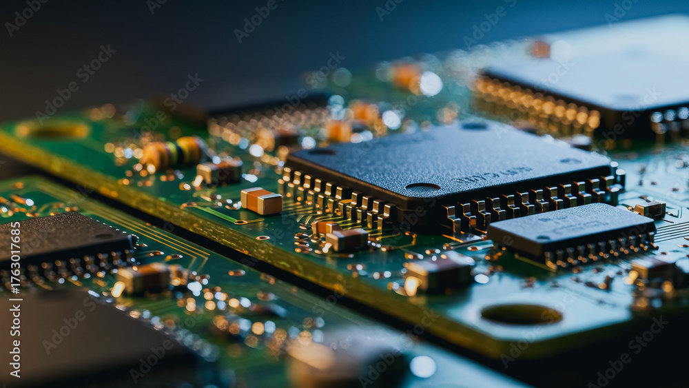 Obraz premium A detailed view of intricate circuit boards, showcasing the core of modern technology and connectivity. Capturing a sense of innovation and high-tech advancement.