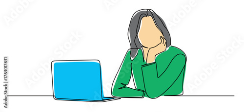 Continuous line art of a woman ready to work in front of a laptop and waiting for clients to arrive. Vector illustration of a female worker