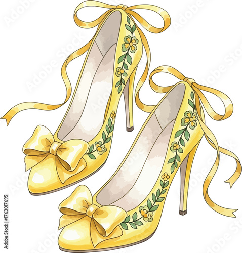 Elegant Yellow High Heels with Floral Embroidery and Satin Bows Vector