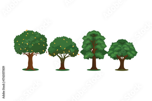 Green Canopy Quartet: A vibrant illustration showcasing four unique trees, each boasting lush green foliage and sturdy brown trunks. A celebration of natural beauty.