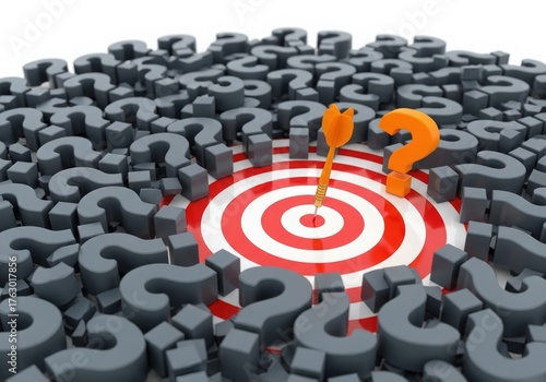 Dart hitting the bullseye surrounded by question marks on a white background