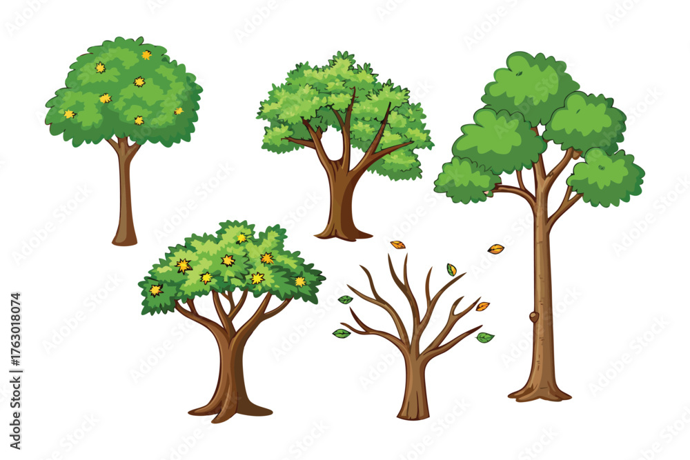Fototapeta premium Diversity in green: A group of five diverse trees, each with unique forms and characteristics, representing the beauty and variety of nature and the forest, standing gracefully.