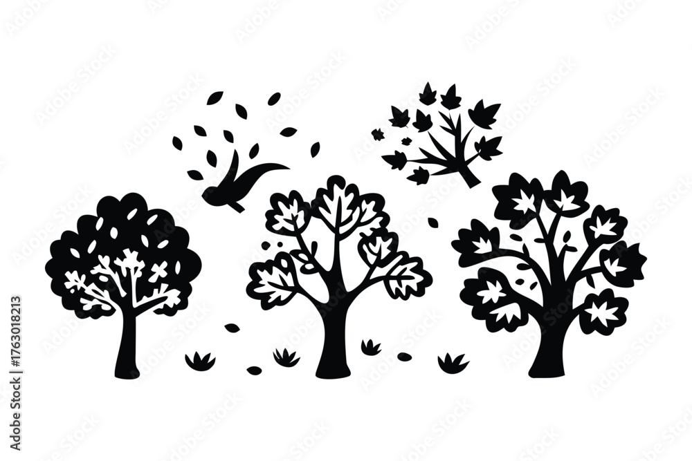 Obraz premium Autumn Trees Silhouette: A whimsical collection of stylized autumn trees, their silhouettes dance against the wind, evoking a sense of seasonal transition and natural beauty.