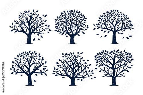 Tree Silhouette Collection: A set of six unique tree silhouettes, each with its own distinctive form, showcasing a variety of branching patterns and foliage textures, ideal for design inspiration