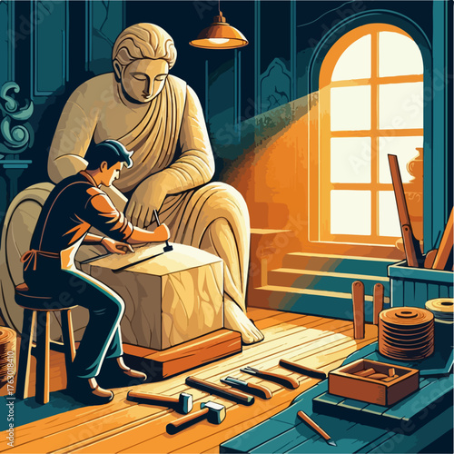 Illustration of a man carving a statue