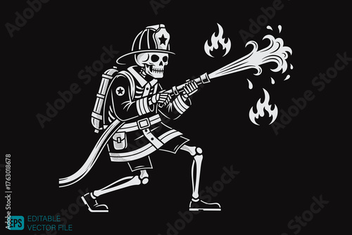 Skeleton Firefighter Extinguishing Flames with Water Hose Vector
