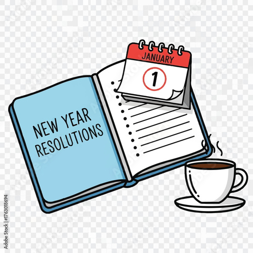 new year resolution wit coffee cup, newspaper and callender