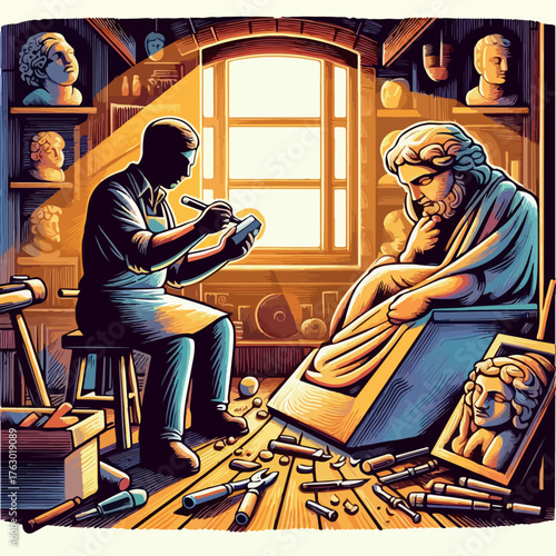 Illustration of a man carving a statue