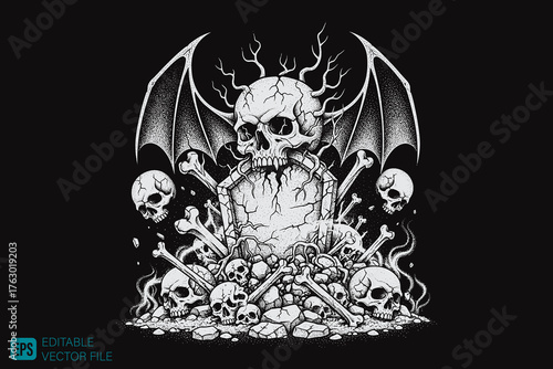 Skull with Bat Wings and Bones in a Graveyard Scene.