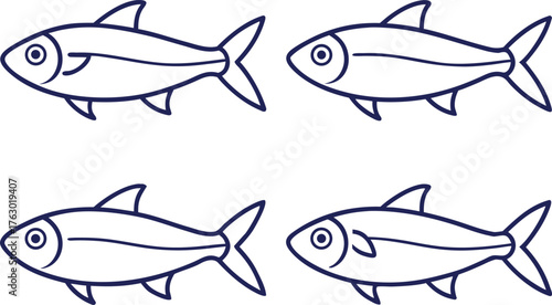 Anchovies Set Illustration in Outlines. Fresh Anchovies Fish Collection. Small Fish Outline Design Set. Anchovy Seafood Illustration Pack. Ocean Anchovies Outline Artwork. Marine Fish Anchovies