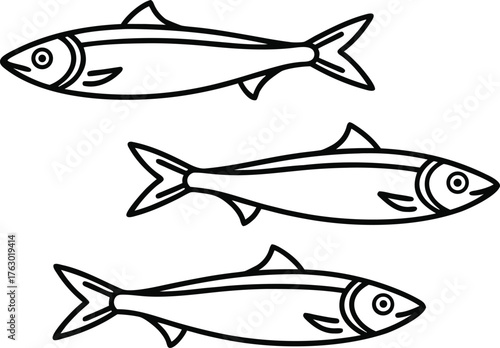 Anchovies Set Illustration in Outlines. Fresh Anchovies Fish Collection. Small Fish Outline Design Set. Anchovy Seafood Illustration Pack. Ocean Anchovies Outline Artwork. Marine Fish Anchovies