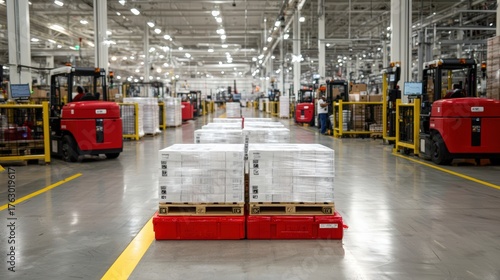 A factory with a focus on its shipping department, featuring pallets and delivery trucks. Product photography with high resolution, advertising style