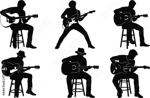 Guitar player musician silhouette set, acoustic and electric performance vector, rock and folk music concert art, dynamic instrument pose.