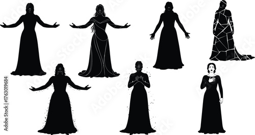 Opera singer dramatic performance silhouette vector set, powerful vocalist and music art, emotional concert stage, passion and classical sound.