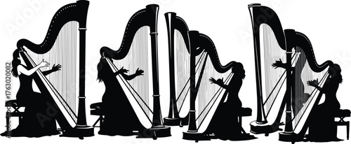 Harpist women musician silhouette set, classical music harp instrument vector, elegant orchestra performance, melody and symphony art.