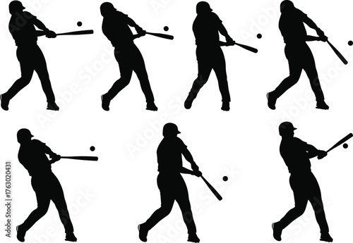 Baseball player hitter swinging bat silhouette set, dynamic sport action vector illustration, dramatic hit sequence, athlete and ball competition.