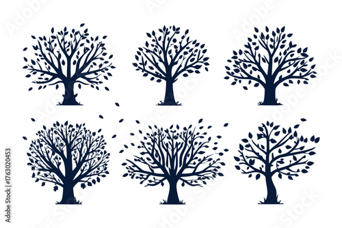 Tree Variations: A collection of stylized tree illustrations, each showcasing unique branch formations and leaf arrangements, offering a diverse array of arboreal designs.