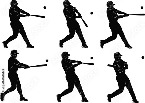 Baseball player hitter swinging bat silhouette set, dynamic sport action vector illustration, dramatic hit sequence, athlete and ball competition.