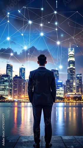 Businessman views a connected cityscape at dusk, network lines spanning the sky, reflecting on water
