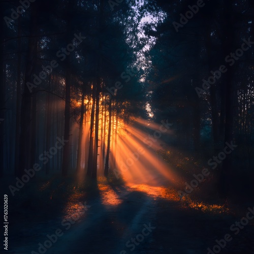 Serene Sunlight Streaming Through Tall Trees in Quiet Forest