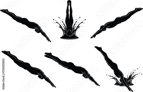 Dynamic swimmer and diver silhouettes vector set, graceful underwater sport movement, athletic female swimming poses, fitness and aquatic competition concept.