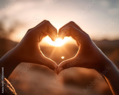 Sunset Heart Shape Hands Silhouette Against Golden Horizon