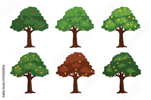 Tree Collection: A collection of six distinct trees, each boasting a unique canopy of leaves and bearing different fruits, perfect for showcasing nature's diverse beauty. 