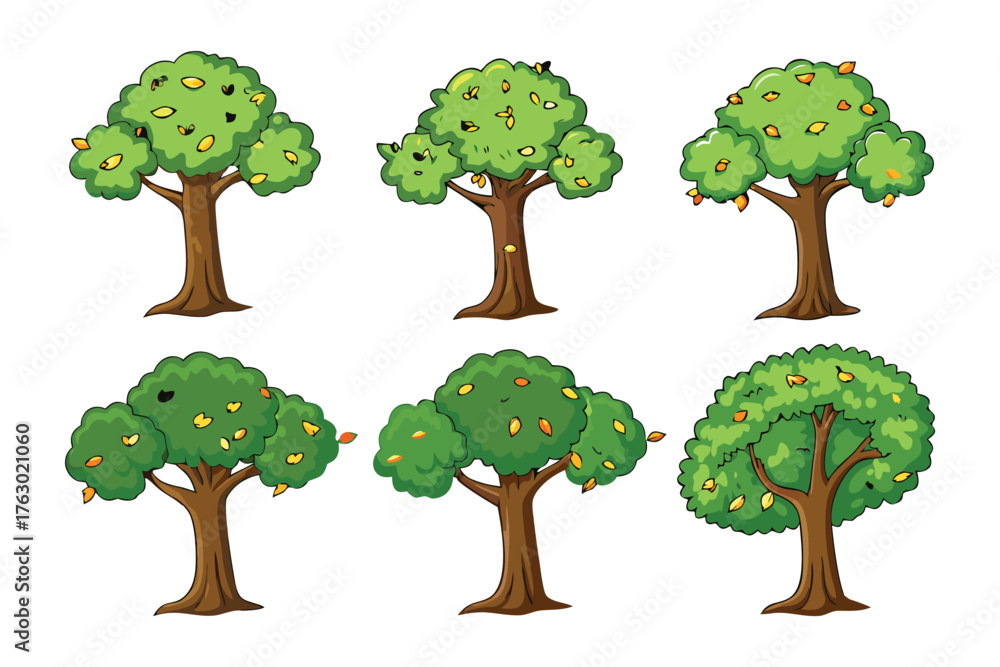 Fototapeta premium Cartoon Trees: A collection of various cartoon trees. The trees are different shapes and sizes, and some have leaves while others have fruit.