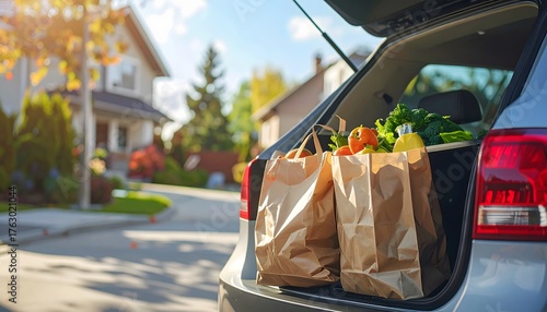 Fresh Groceries in Car Trunk: Healthy Food, Suburban Lifestyle, Sunny Day