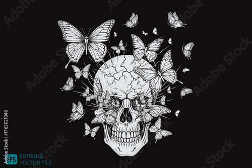 Skull and Butterflies Illustration on Black Background.